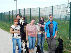 nach der Prüfung: v.l.n.r.: Viktoria mit Amigo (BH), Leo mit Emily (BH), Regina mit Nera (BgH-1), Melanie mit Nelly (BH), Patrick mit Pablo (BH)